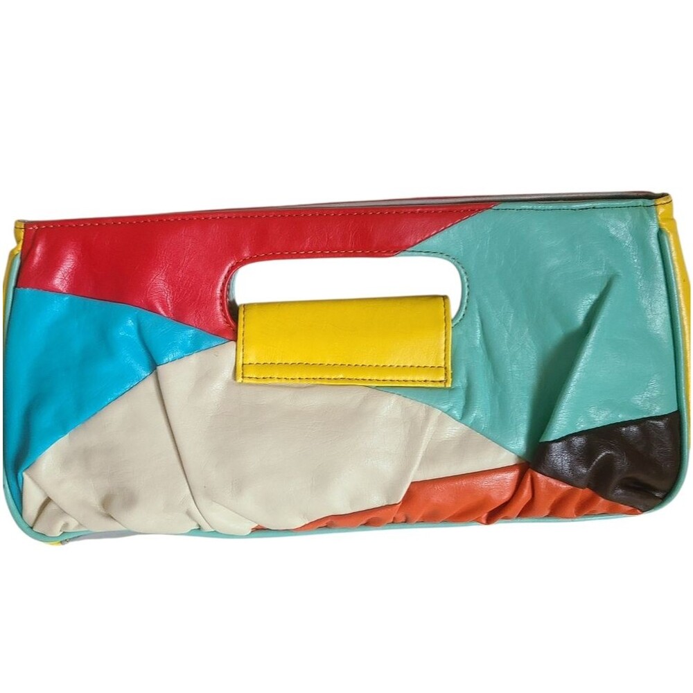 bonita brand 80s inspired multicolor patchwork faux leather small clutch bag